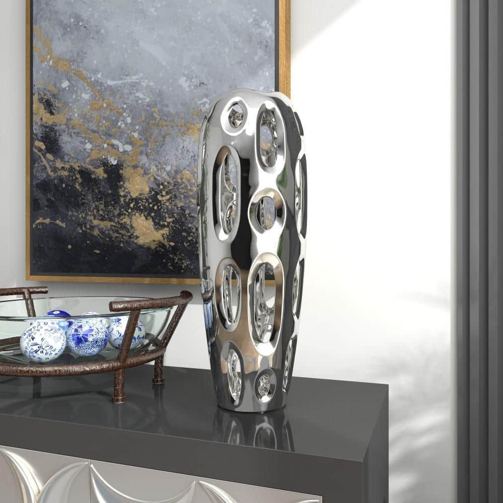 Elegant Silver Ceramic Cylinder Vase for Modern Decor, 21"