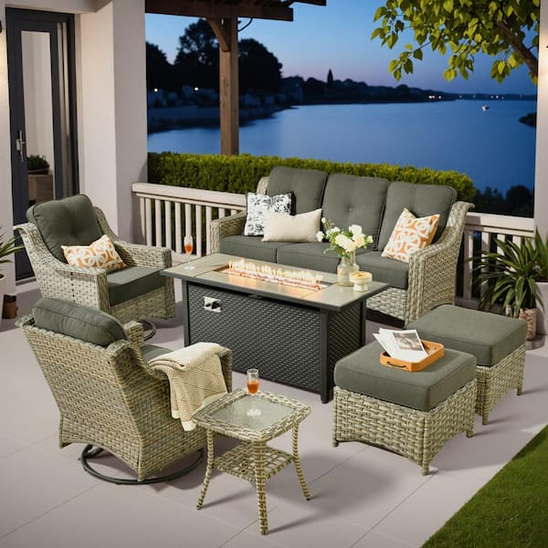HOOOWOOO Cherry 7-Piece Wicker Outdoor Furniture Patio Fire Pit Conversation Sofa Set with Swivel Chairs and Black Cushions