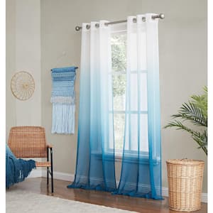Shadow Linen White to Teal Boho Look Ombre Shades Textured 76 In. W x 84 in. Curtain Panel Pair ( Set of 2)