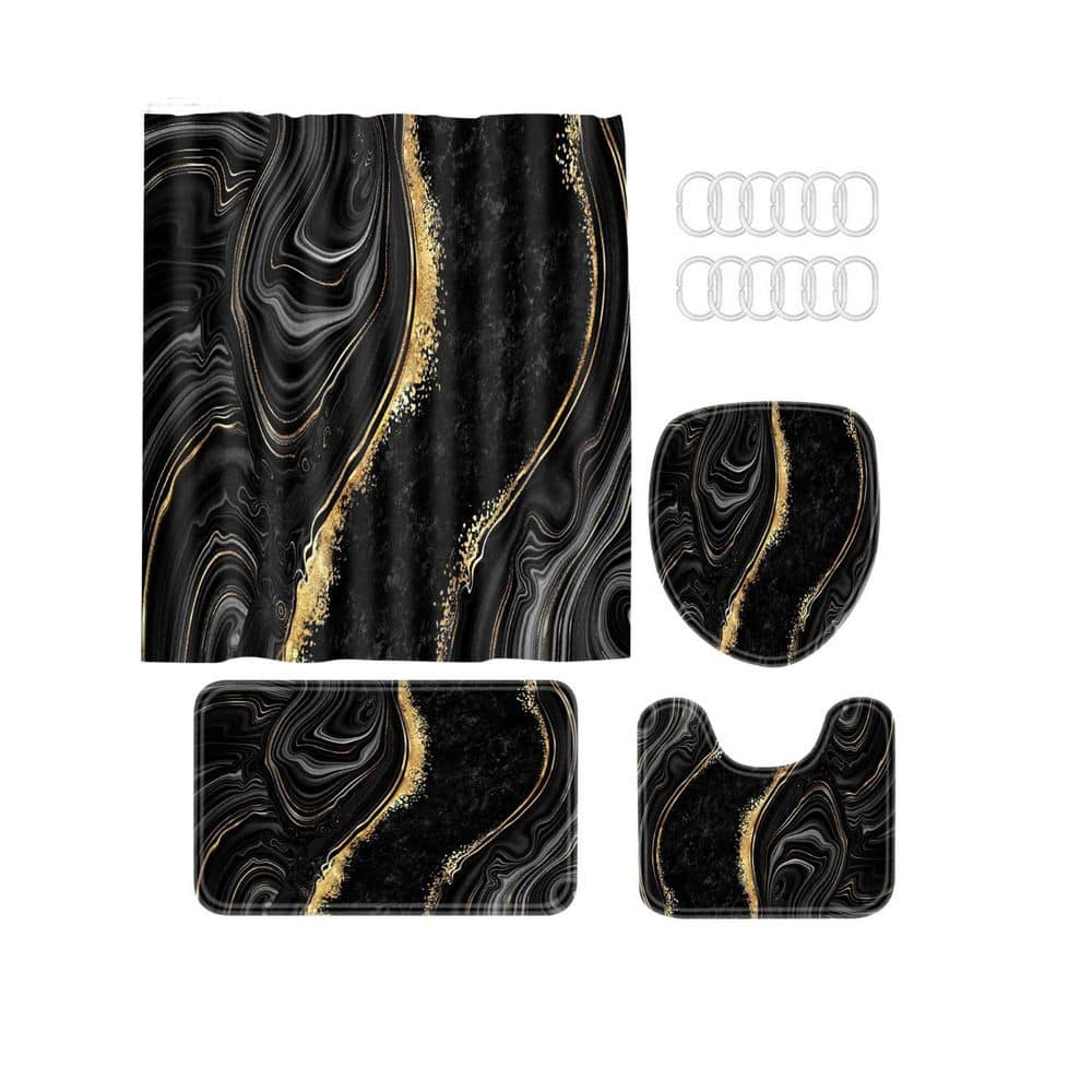 4 Pcs 70.8 in. W x 70.8 in. L Polyester Marble Shower Curtain Sets with Rugs, Black Shower Curtain Set with Rugs price history on PriceWatchPro