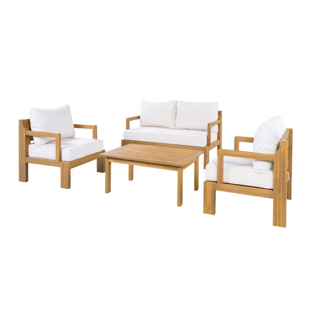 4-Piece Acacia Wood Outdoor Patio Furniture Set with Beige Cushion price history on PriceWatchPro