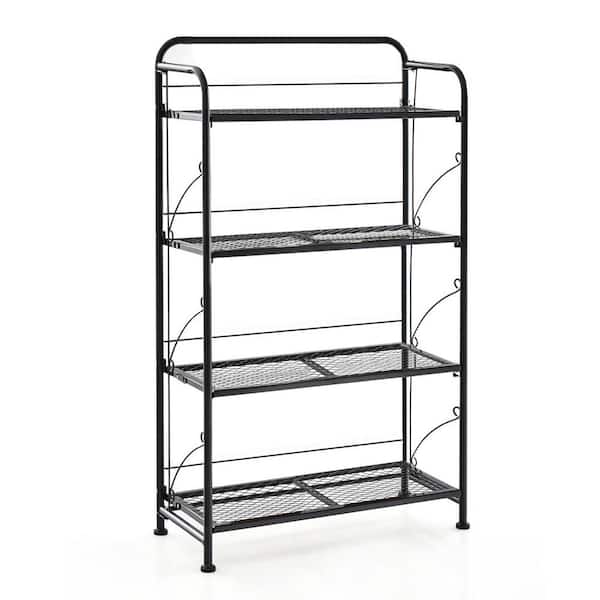 ANGELES HOME 23.5 in. Black Metal 4-Tier Folding Plant Stand with Adjustable Shelf and Feet
