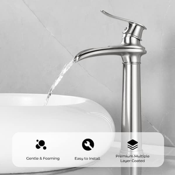 Single Handle Single Hole Bathroom Vessel Sink Faucet Waterfall Bathroom Sink Faucet with Pop-Up Drain in Brushed Nickel
