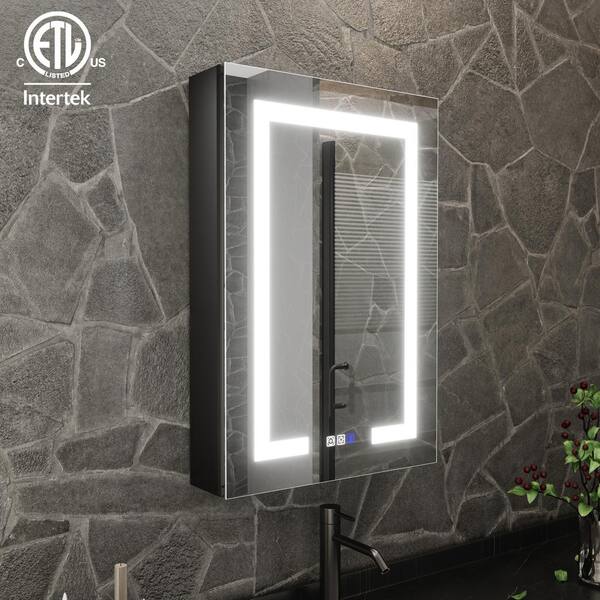 AZDHOME 20 in. W x 30 in. H Black Rectangular Aluminum Recessed/Surface Mount Left Lighted Medicine Cabinet with Mirror
