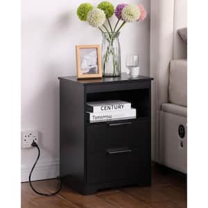 Black 2 Drawers 15.7 in. W Nightstand with Charging Station and Open Shelf