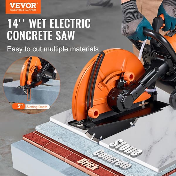 Electric Concrete Saw, 14in., 2600W Circular Cutter with 5in. Adjustable Depth, Includes Water Line, 28 in. x 9 in.