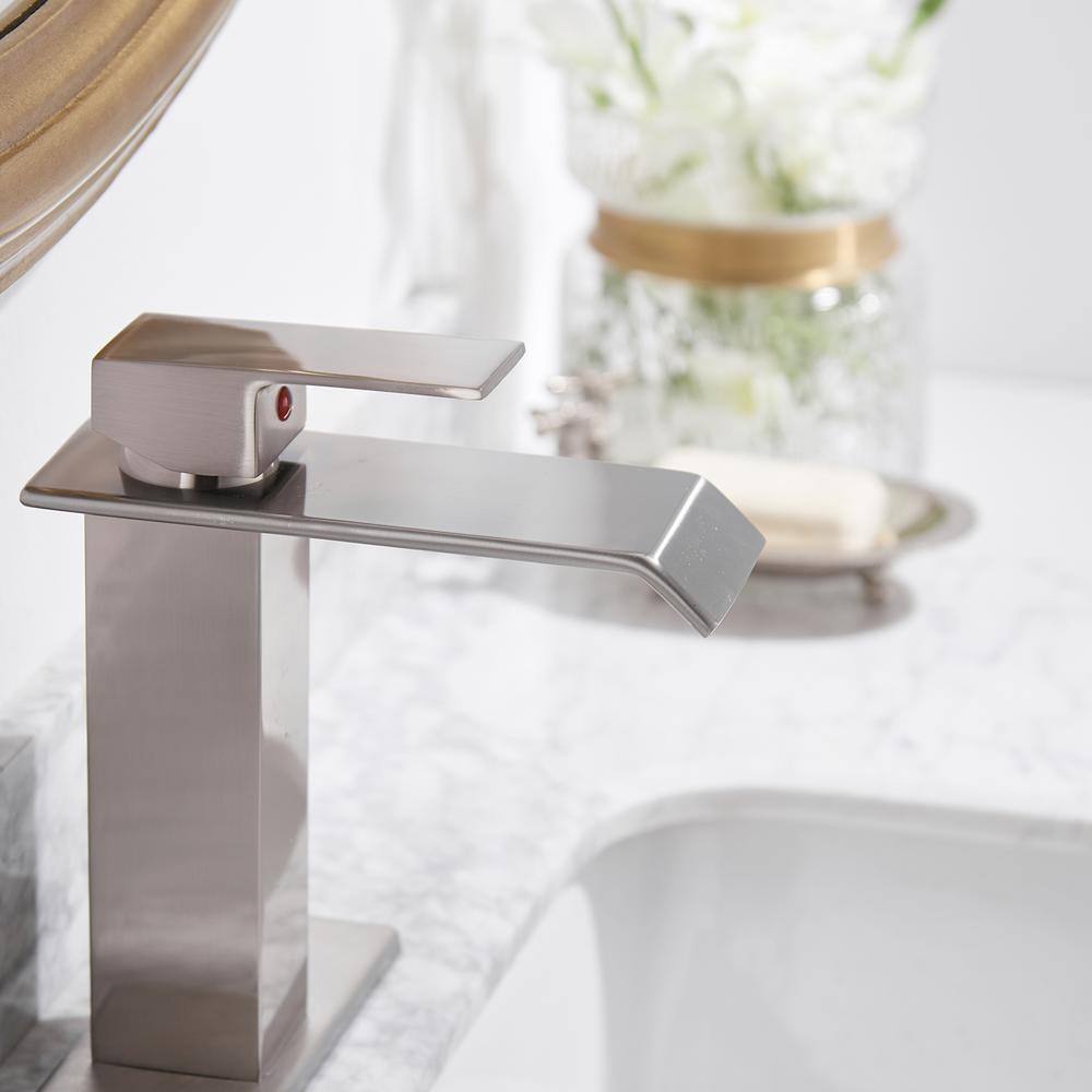 Brushed Nickel Single Handle Waterfall Bathroom Faucet with Pop Up Drain