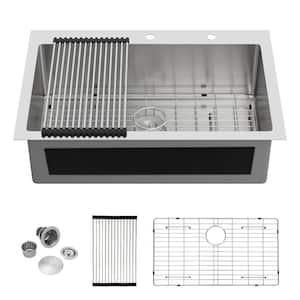 16-Guage Stainless Steel 33 in. Single Bowl Round Corner Drop-In Kitchen Sink with Strainer and Bottom Grid