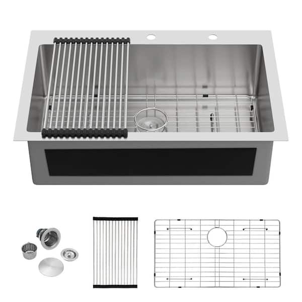 Logmey 16-Guage Stainless Steel 33 in. Single Bowl Round Corner Drop-In Kitchen Sink with Strainer and Bottom Grid