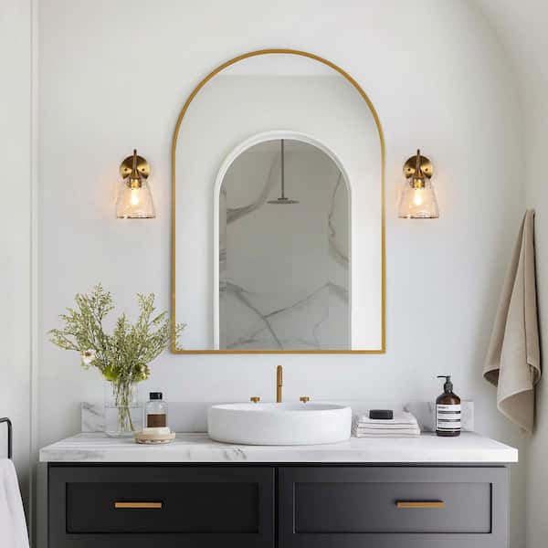 Modern Plated Brass Damp-rated Bell Bedroom Wall Sconce 1-Light Bathroom Vanity Light with Cone Clear Ripple Glass Shade
