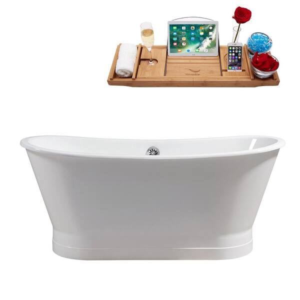 Streamline 66.9 in. Cast Iron Flatbottom Non-Whirlpool Bathtub in Glossy White with Polished Chrome External Drain and Tray