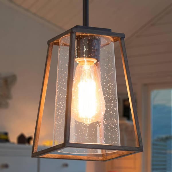 LNC Modern Farmhouse Black Brown Pendant Light 1-Light Kitchen Island Hanging Light with Seeded Glass and Faux Wood Accents