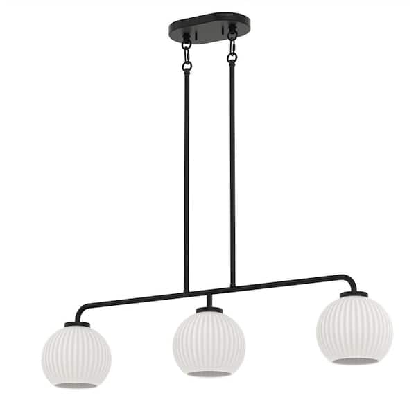 YANSUN 32 in. Modern 3-Light Indoor Island Pendant Light, Black with Glass Shade for Bar, Dining Room, and Kitchen Island