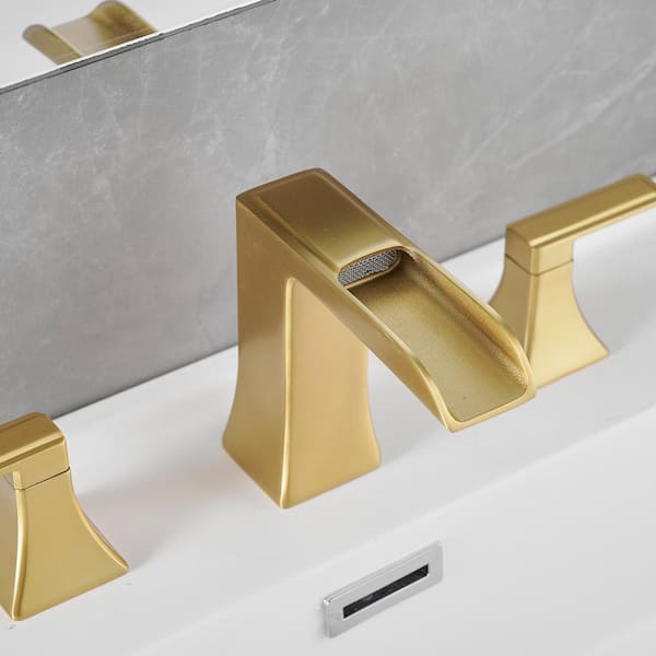 8 in. Widespread Double Handle Waterfall Bathroom Sink Faucet with Pop-up Drain in Brushed Gold