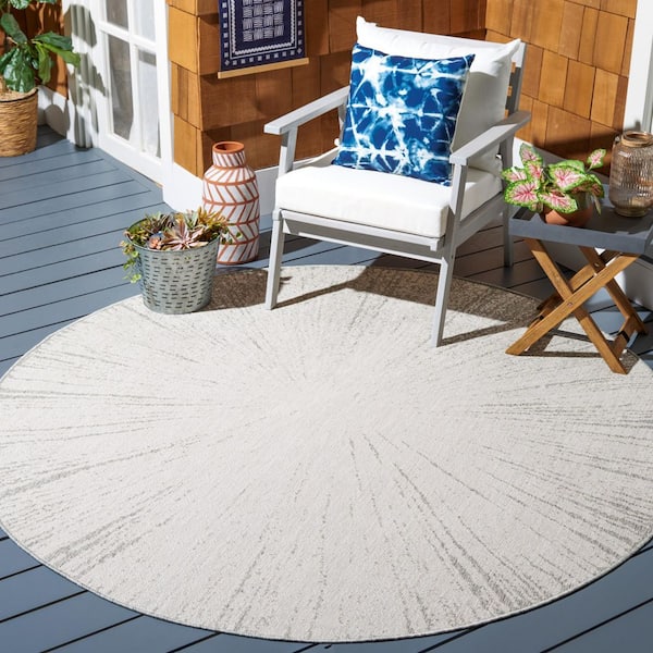 Courtyard Beige/Gray 7 ft. x 7 ft. Floral Abstract Indoor/Outdoor Round Area Rug