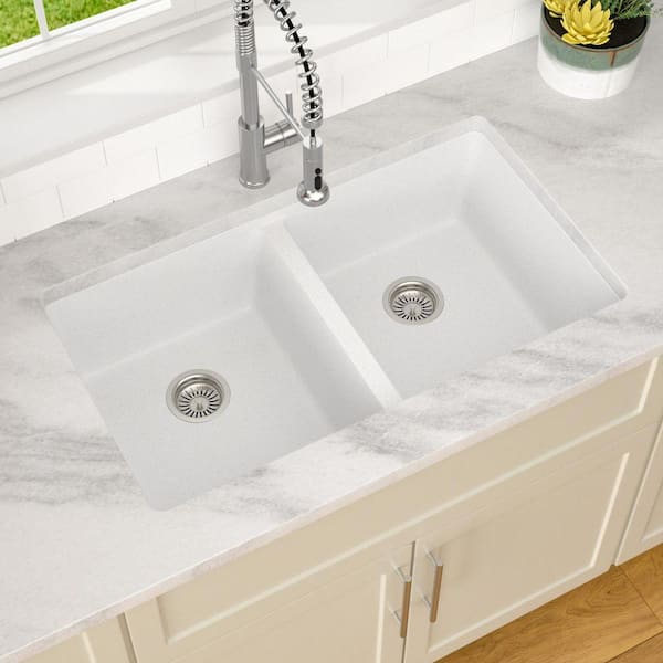 Donsdey 33" Granite Composite Kitchen Sink – White Double Bowl 50/50 Undermount, Quartz Material, Scratch & Heat Resistant, With Accessories