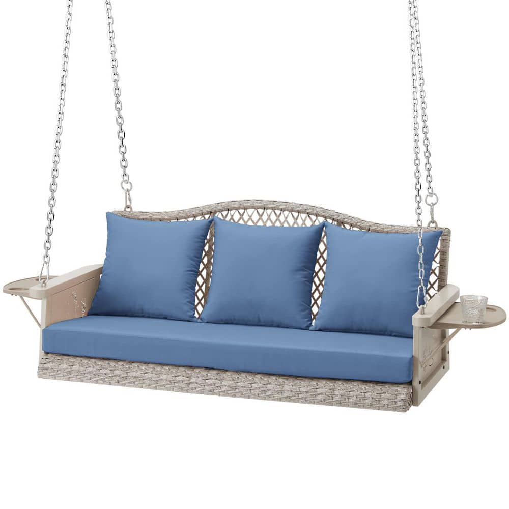 3-Seater White Wicker Outdoor Garden Porch Swing with Light Blue Cushion