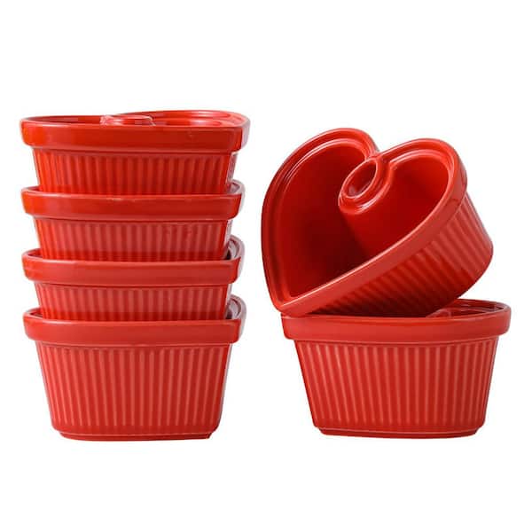 6 Piece Heart Shape Ceramic Ramekins Set, 8oz Oven and Dishwasher Safe Bowls for Souffle, Dessert, Brulee