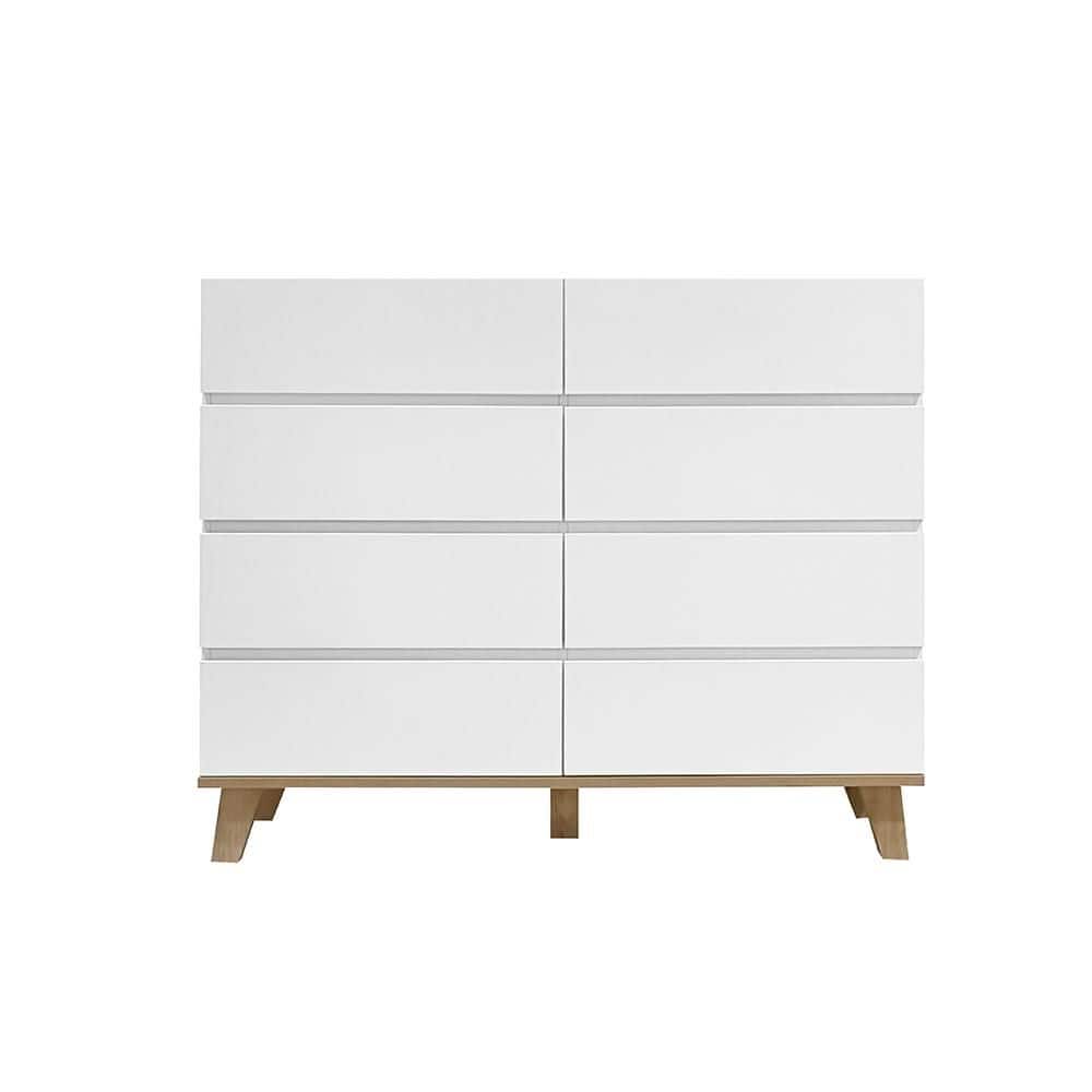 White 4+4 Drawers Cabinet MDF 8 Drawer Dresser Storage Chest with Solid Natural Wood Legs for Bedroom Living Room