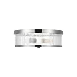 Geneva 14 in. W x 4.875 in. H 2-Light Polished Nickel Mid-Century Indoor Dimmable Flush Mount with Clear Glass Shade