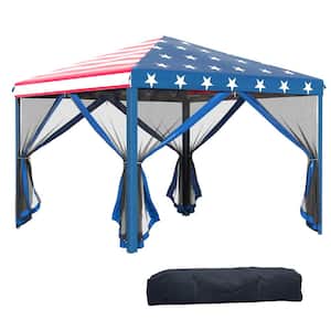 10 ft. x 10 ft. Blue Pop up Canopy Tent with Netting, Screen House Room with Carry Bag, Height Adjustable, American Flag
