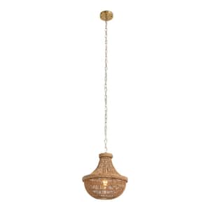 60-Watt 1 Light Brown Retro Farmhouse Shaded Pendant Light with Woven Shade and Adjustable Height, No Bulbs Included