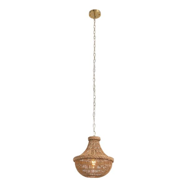 OUKANING 60-Watt 1 Light Brown Retro Farmhouse Shaded Pendant Light with Woven Shade and Adjustable Height, No Bulbs Included