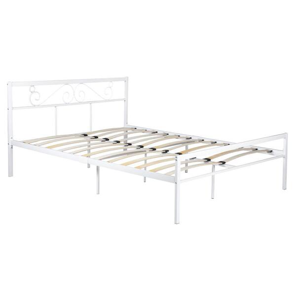 Footboard 75" x 55" Metal Platform White Bed Frame Full with Headboard