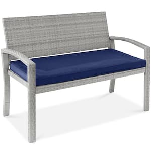 2-Person Gray Wicker Outdoor Patio Bench with Navy Cushion