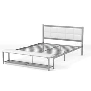 Karina White and Silver Queen Metal Platform Bed with Attached Bench