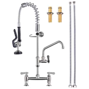 Brass Deck Mount Commercial Triple Handle Pull Down Sprayer Kitchen Faucet with Pre-Rinse Sprayer in Brushed Nickel