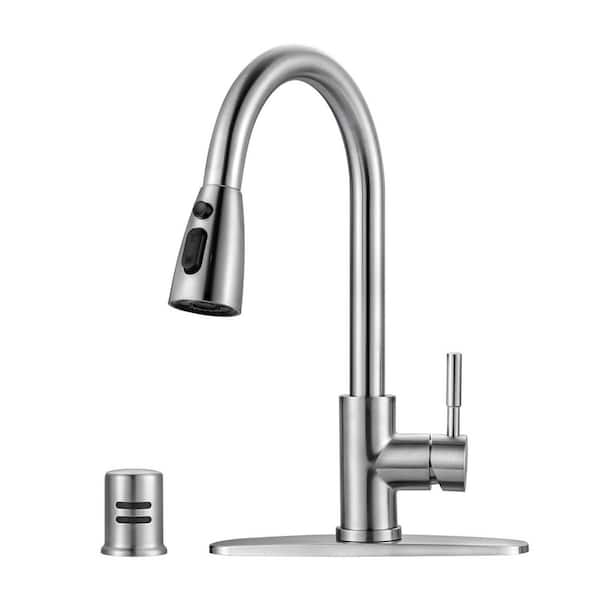 Single Handle Pull Down Sprayer Kitchen Faucet Stainless Steel with Deck Plate and Air Gap Kit in Brushed Nickel