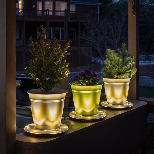 10.5 in. Outdoor Flower Planter Solar Pot Base Stand Light With Uplight Accent for Deck Pathway Patio and Walkway