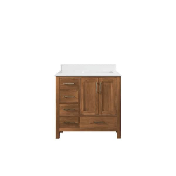 Willow Collections Malibu Teak 36 in. W x 22 in. D x 36 in. H Right Offset Sink Bath Vanity in Gold Teak with 1.5" White Quartz Top