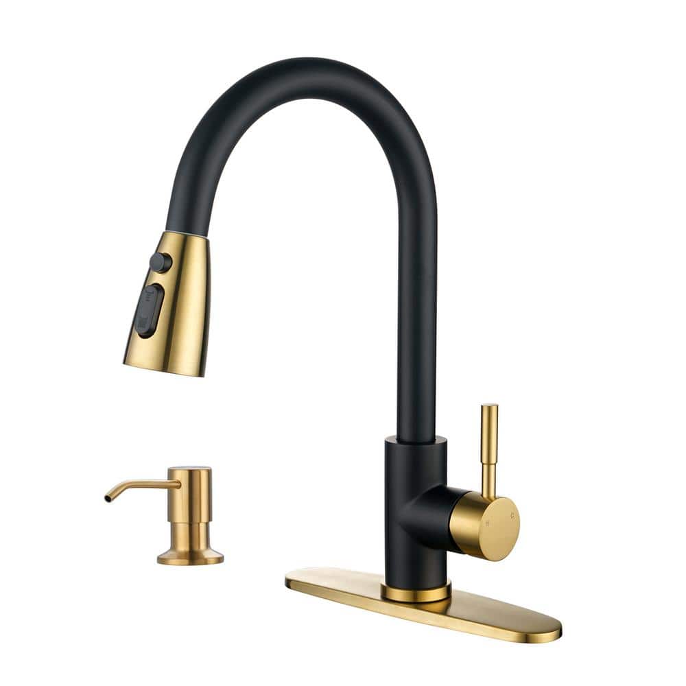 Matte Black and Gold Stainless Steel Pull Down Kitchen Faucet