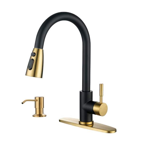 ALEASHA Single-Handle Pull Down Sprayer Kitchen Faucet with Soap Dispenser in Gold and Black
