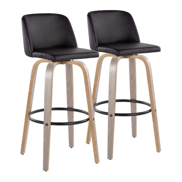 Lumisource Toriano 29.5 in. Black Faux Leather, Light Grey Wood and Black Metal Fixed-Height Bar Stool (Set of 2)