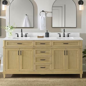 Talmore 72 in. Double Sink Freestanding Light Oak Bathroom Vanity with White Engineered Marble Top (Assembled)