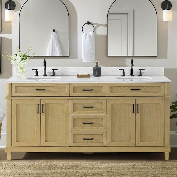Talmore 72 in. Double Sink Light Oak Bath Vanity with White Engineered Marble Top (Assembled)