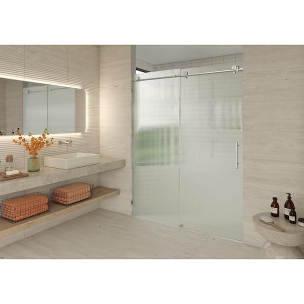 Glass Warehouse Galaxy 56 in. To 60 in. W x 78 in. H Frameless Sliding Shower Door in Brushed Nickel with Fluted Glass