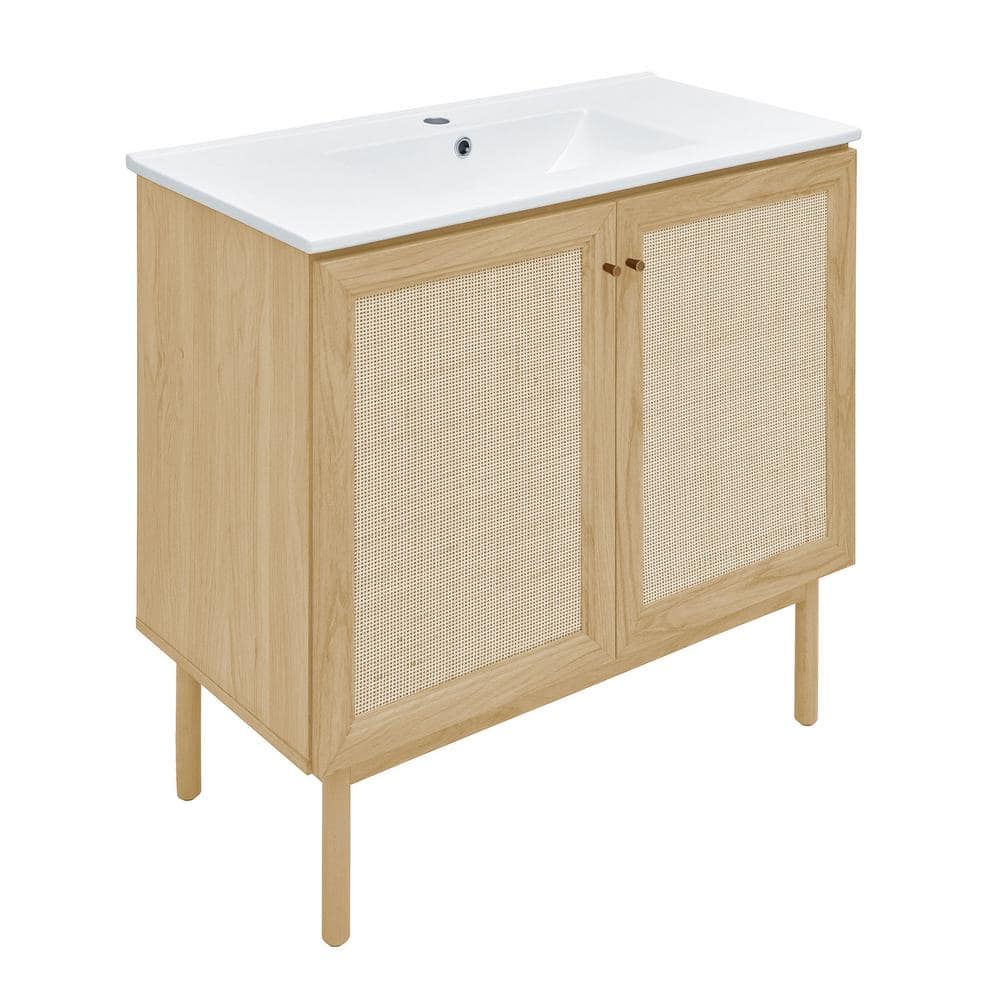 Natural Oak and White Ceramic Freestanding Bathroom Vanity
