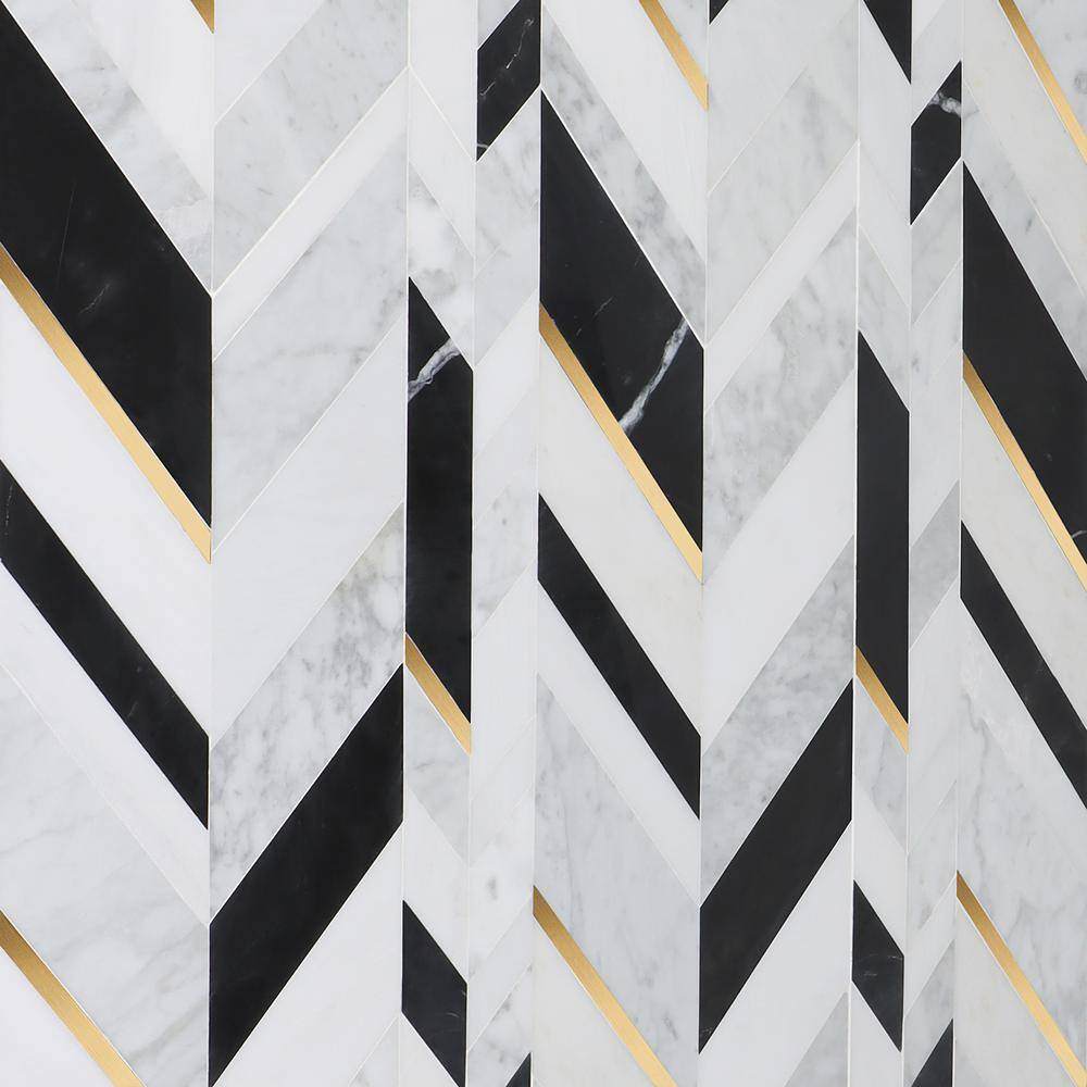 Xander Polished Marble and Brass Chevron Wall Mosaic Tile