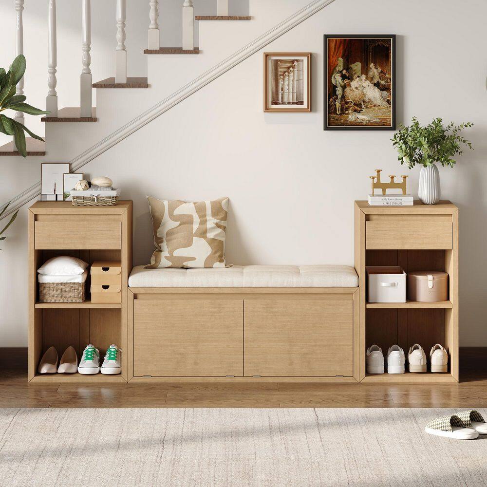 Versatile 77.48 in. Brown Wooden Entryway Storage Bench with Drawers, Open Shelves, and Flip-Top Compartments