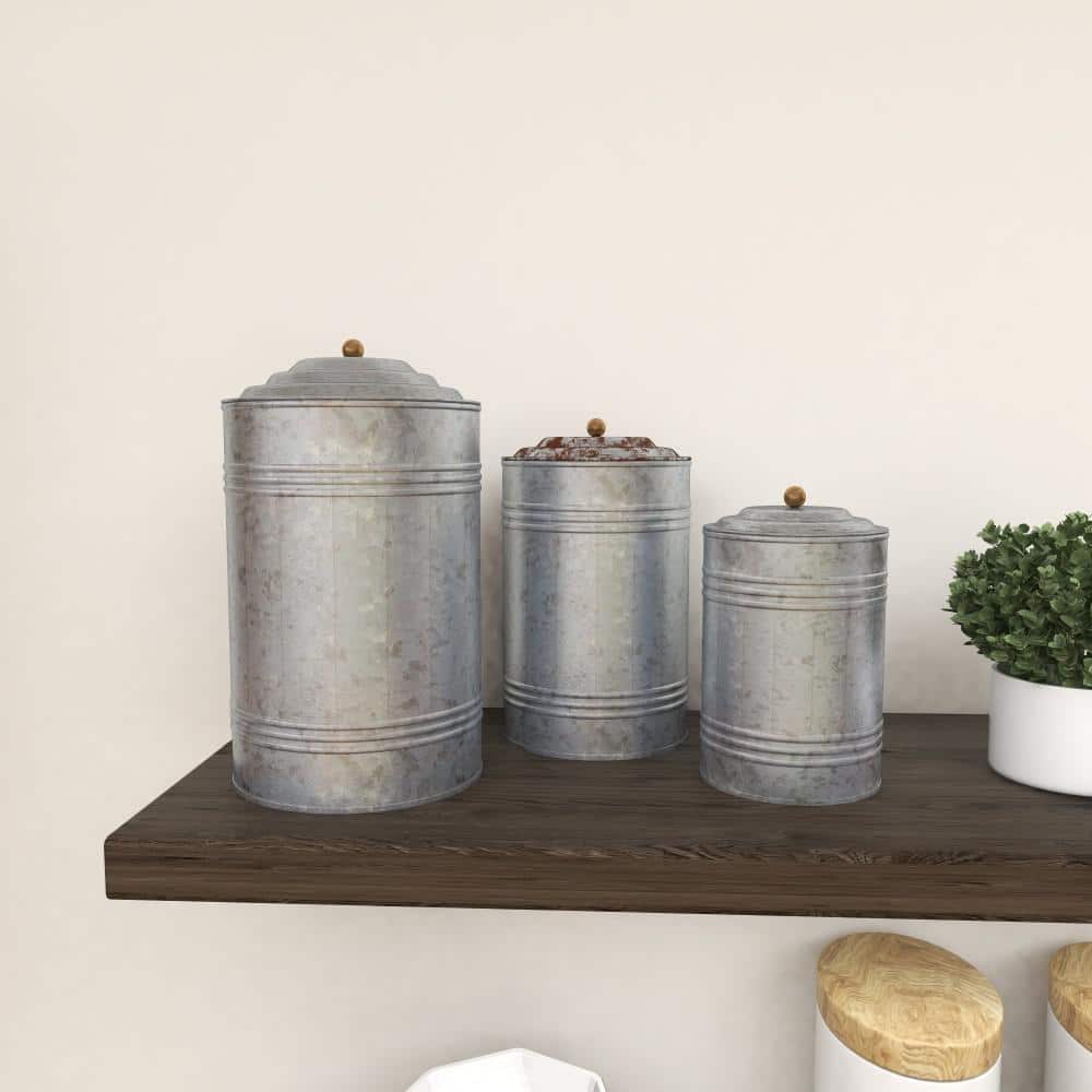 Gray Galvanized Metal Cylinder Canister Set with Lids