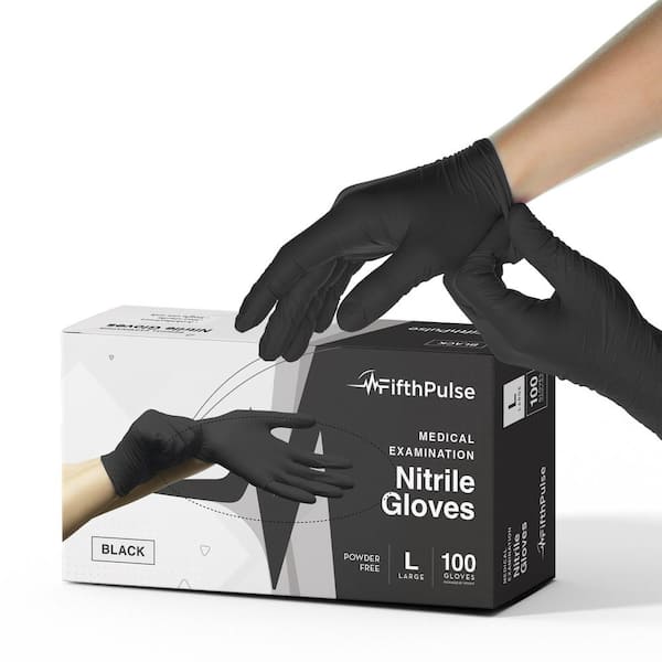 FifthPulse Large Nitrile Exam Latex Free and Powder Free Gloves in Black - Box of 100