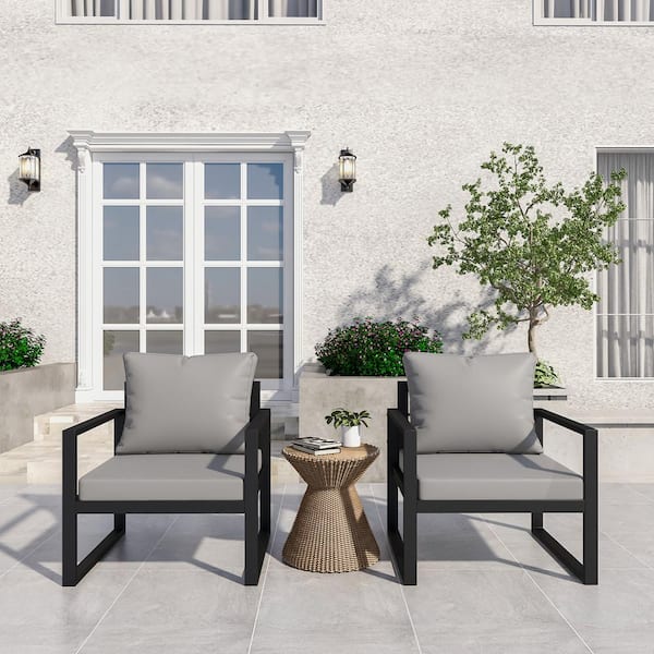 AUTMOON 2-Piece Black Metal Outdoor Couch, 2 Patio Steel Sofa Chairs with Gray Cushions