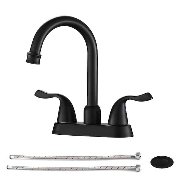 4 in. Centerset Double Handle Bathroom Faucet with Pop Up Drain and 2-Water Supply Lines in Matte Black (1-Pack)