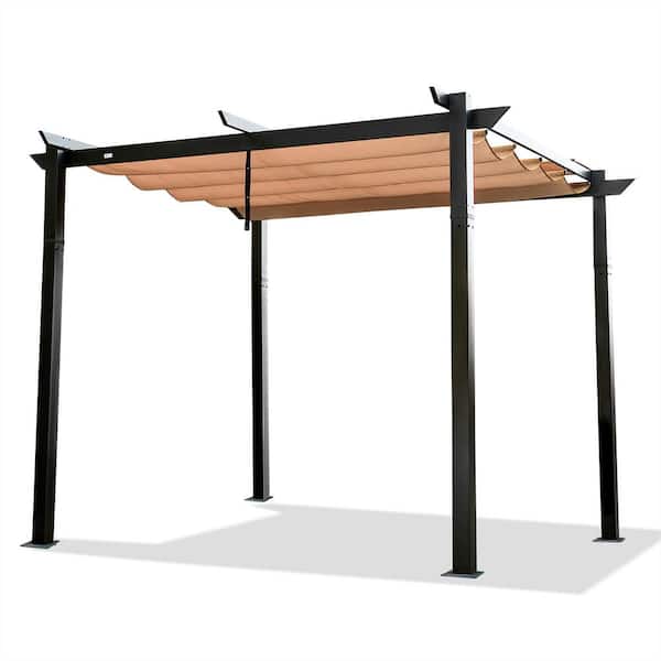 Sudzendf 10 ft. x 10 ft. Dark Gray Aluminum Outdoor Retractable Pergola Patio Gazebo with Brown Weather-Resistant Canopy