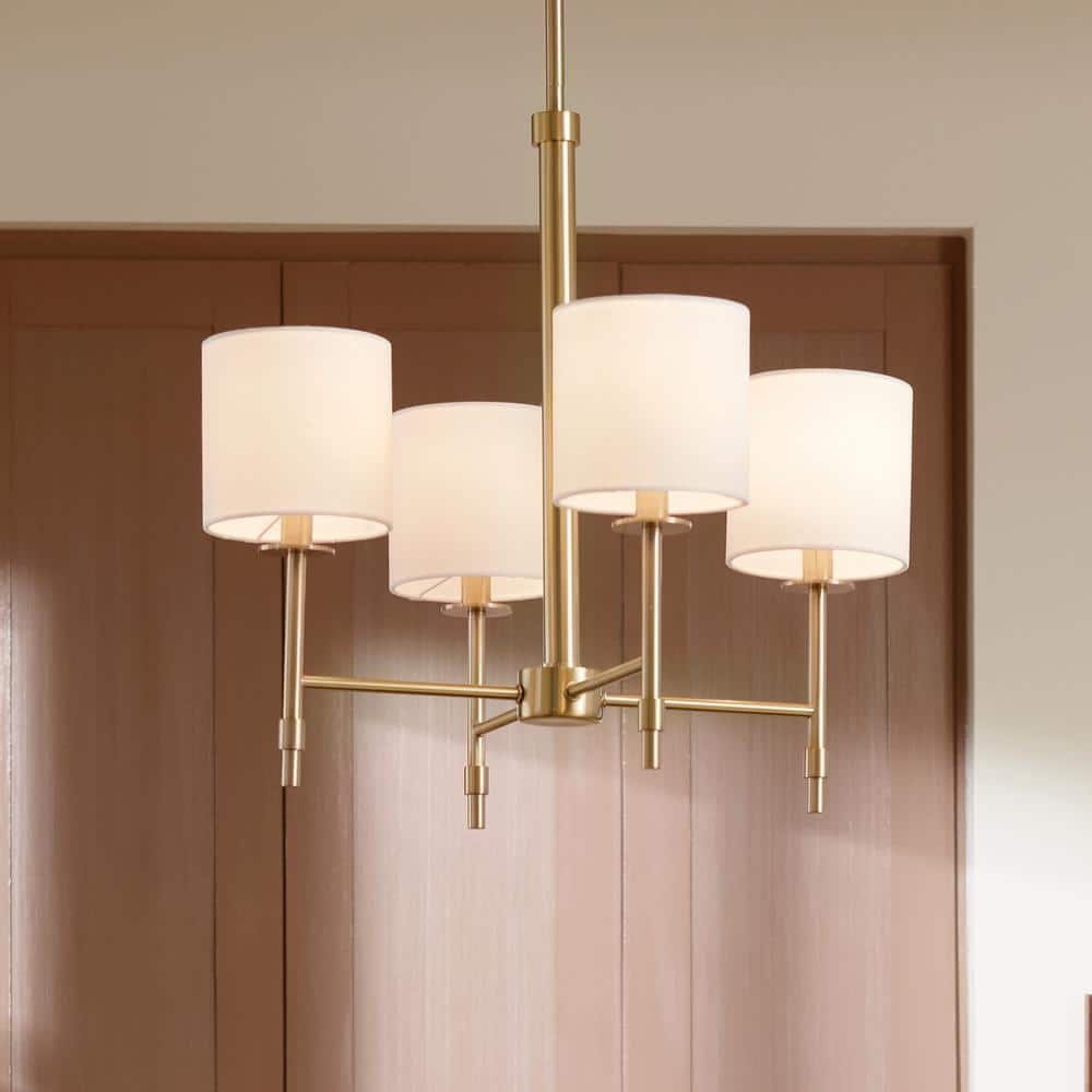 Brushed Brass Mini 4-Light Chandelier with Fabric Drum Shades