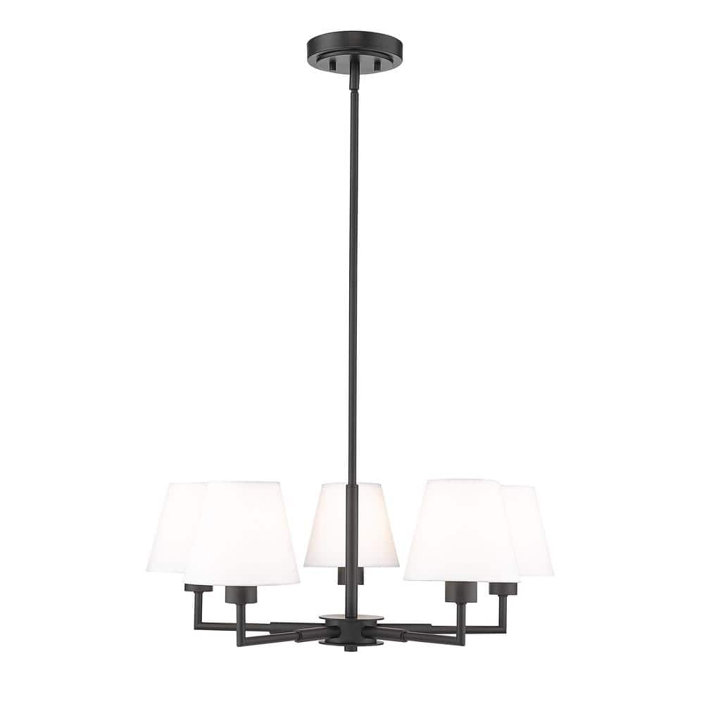 Leila 5-Light Matte Black Chandelier with White Linen Fabric Shades